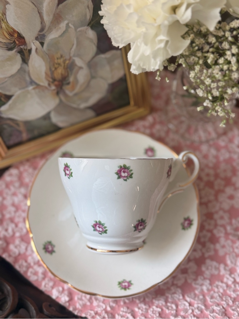 White Porcelain Teacup & Saucer Set with Pink Rose Accents
